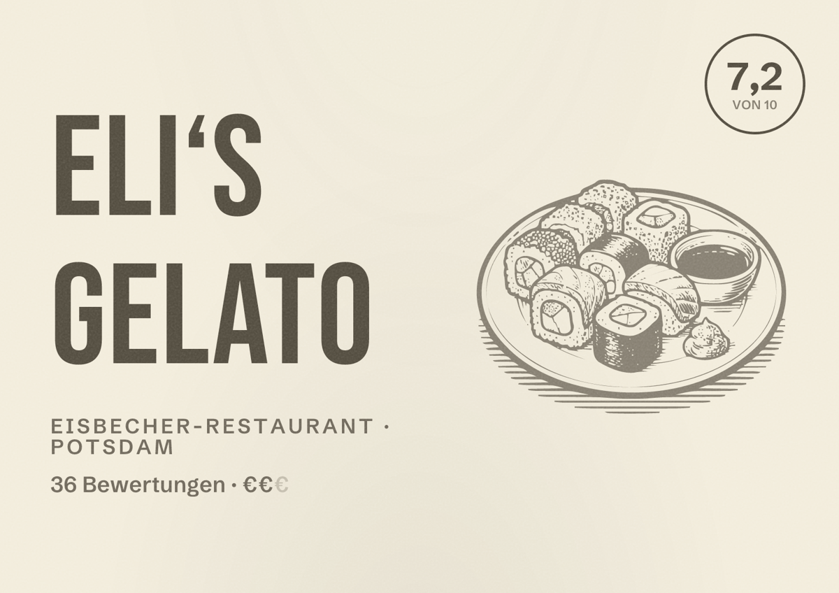Illustriertes Poster von Eli‘s Gelato, Eisbecher-Restaurant in Potsdam: Bewertung 7,2 von 10 aus 36 Bewertungen, Preisniveau €€