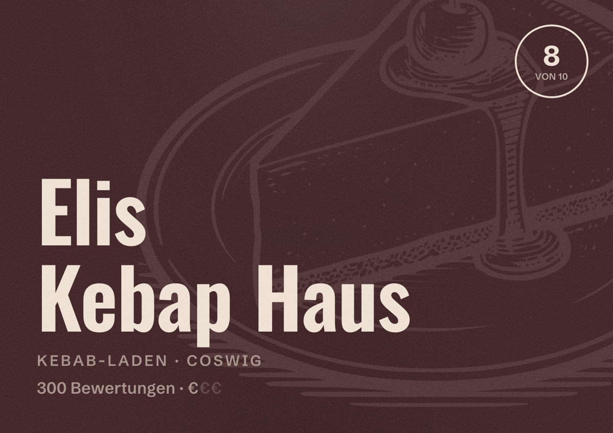 Illustriertes Poster von Elis Kebap Haus, Kebab-Laden in Coswig: Bewertung 8 von 10 aus 300 Bewertungen, Preisniveau €