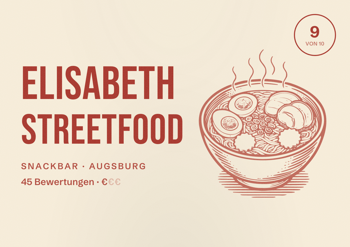 Illustriertes Poster von Elisabeth streetfood, Snackbar in Augsburg: Bewertung 9,0 von 10 aus 45 Bewertungen, Preisniveau €