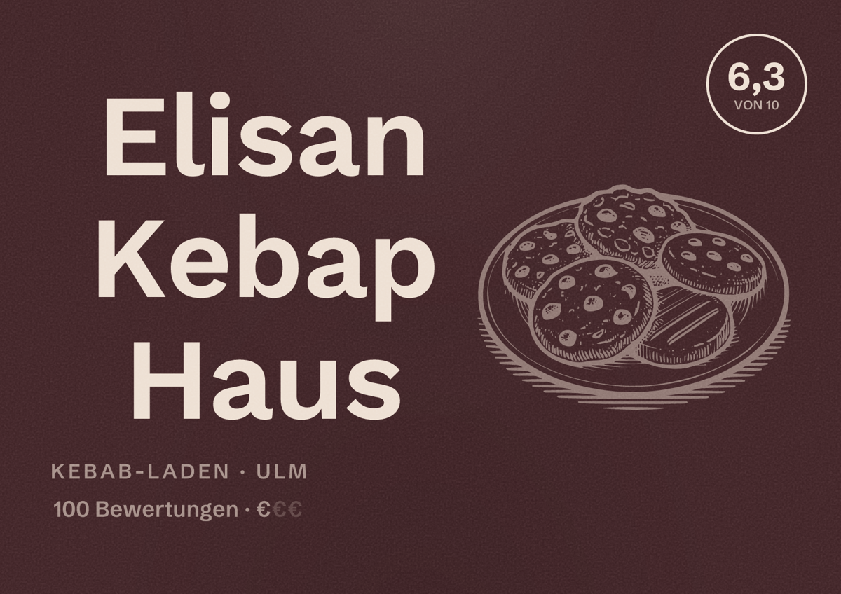 Illustriertes Poster von Elisan Kebap Haus, Kebab-Laden in Ulm: Bewertung 6,3 von 10 aus 100 Bewertungen, Preisniveau €