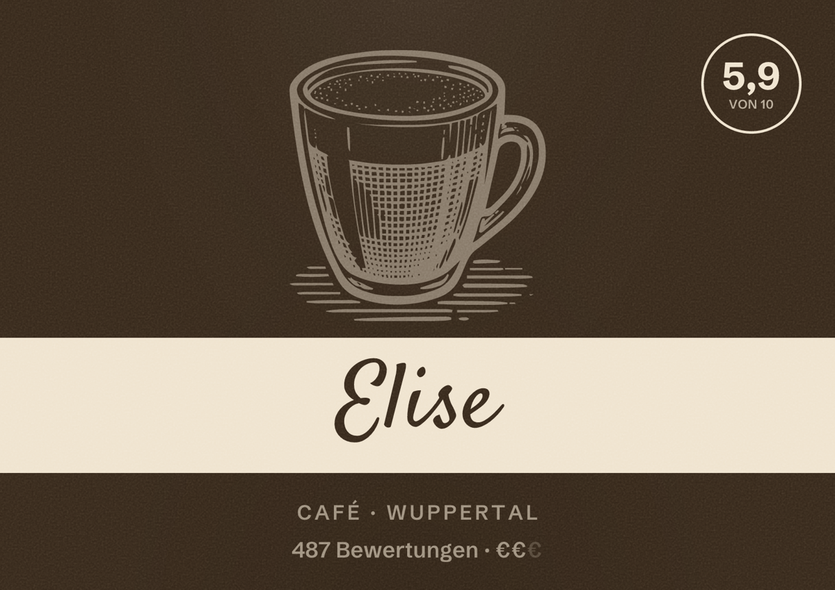 Illustriertes Poster von Elise, Café in Wuppertal: Bewertung 5,9 von 10 aus 487 Bewertungen, Preisniveau €€