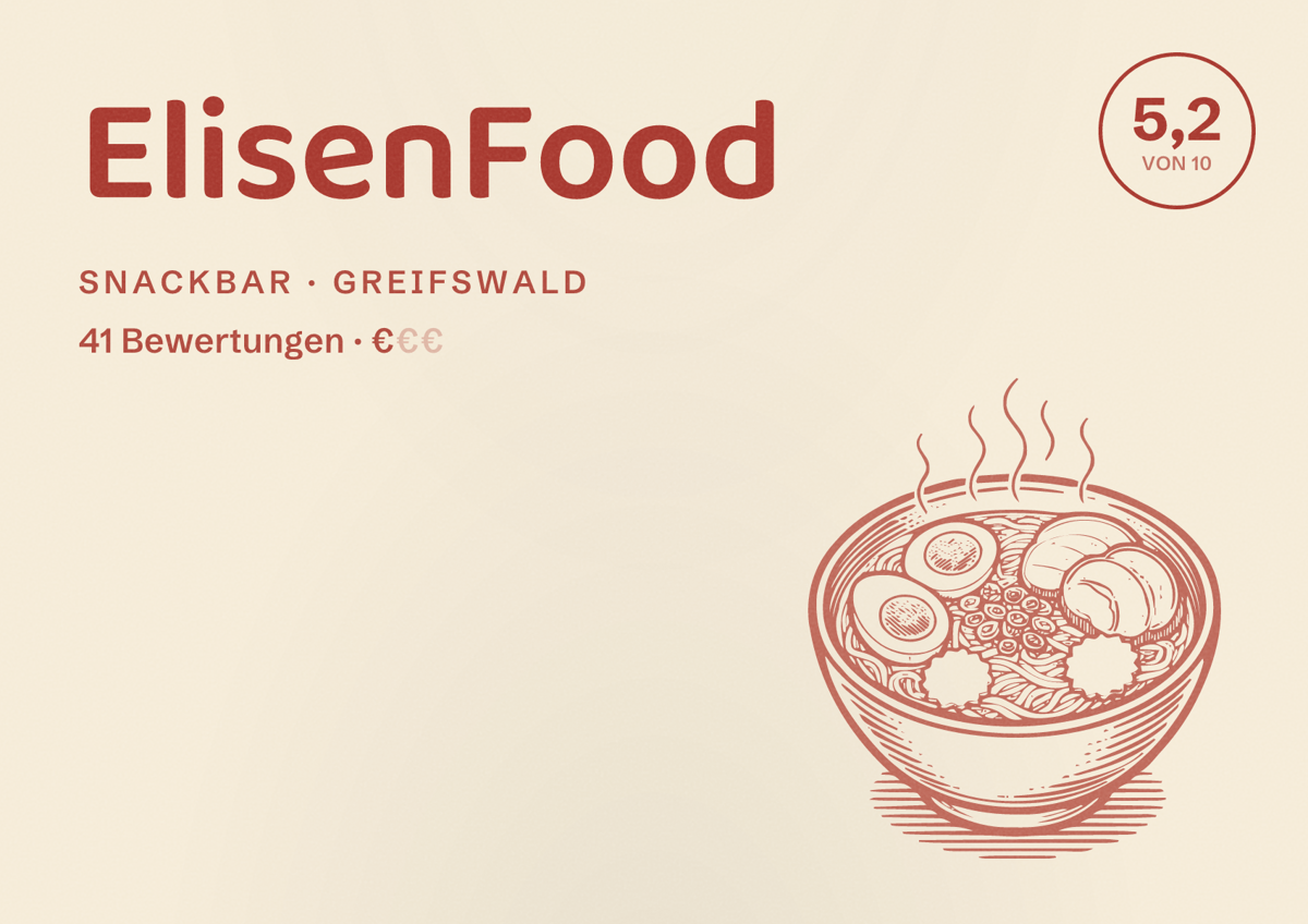 Illustriertes Poster von ElisenFood, Snackbar in Greifswald: Bewertung 5,2 von 10 aus 41 Bewertungen, Preisniveau €