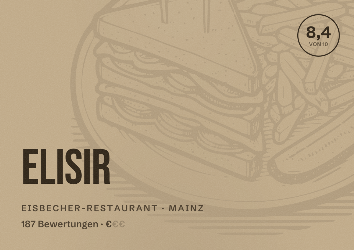Illustriertes Poster von Elisir, Eisbecher-Restaurant in Mainz: Bewertung 8,4 von 10 aus 187 Bewertungen, Preisniveau €