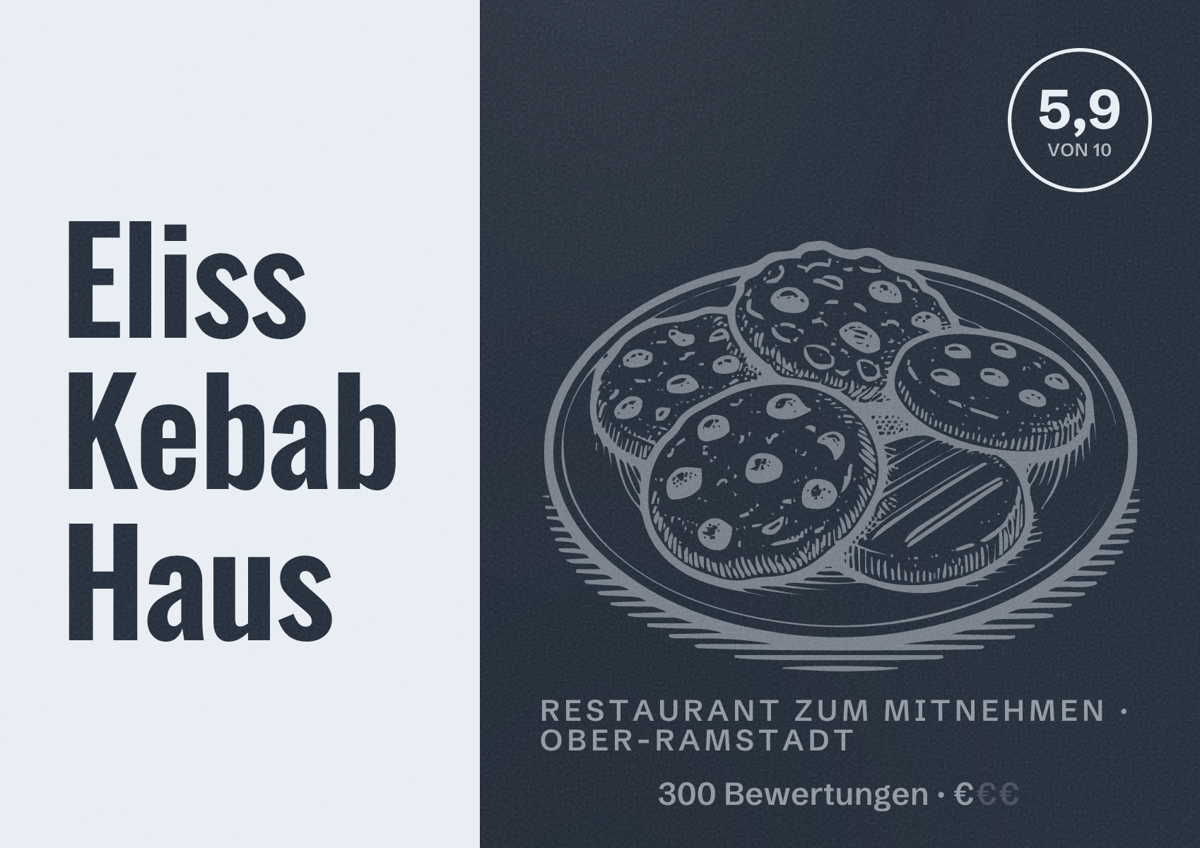 Illustriertes Poster von Eliss Kebab Haus, Restaurant zum Mitnehmen in Ober-Ramstadt: Bewertung 5,9 von 10 aus 300 Bewertungen, Preisniveau €