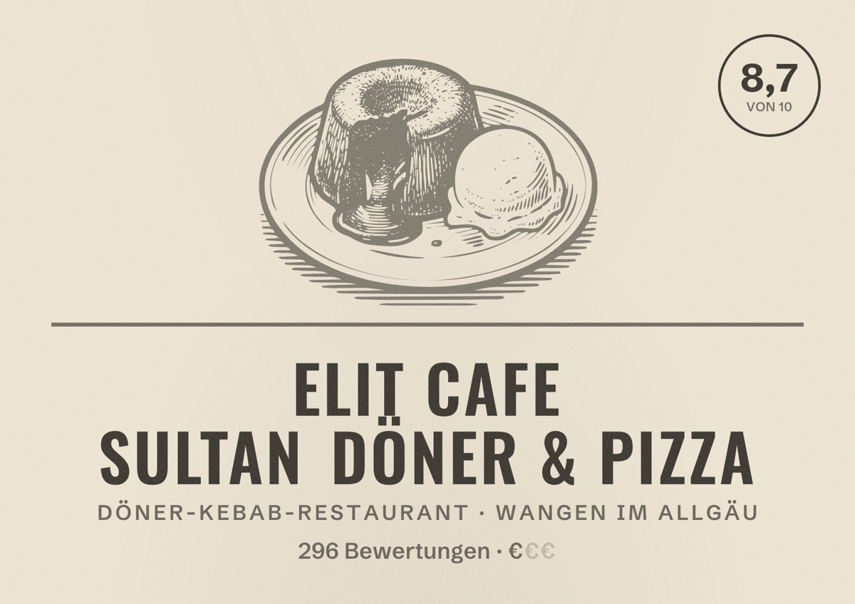 Illustriertes Poster von Elit cafe Sultan Döner & Pizza, Döner-Kebab-Restaurant in Wangen im Allgäu: Bewertung 8,7 von 10 aus 296 Bewertungen, Preisniveau €