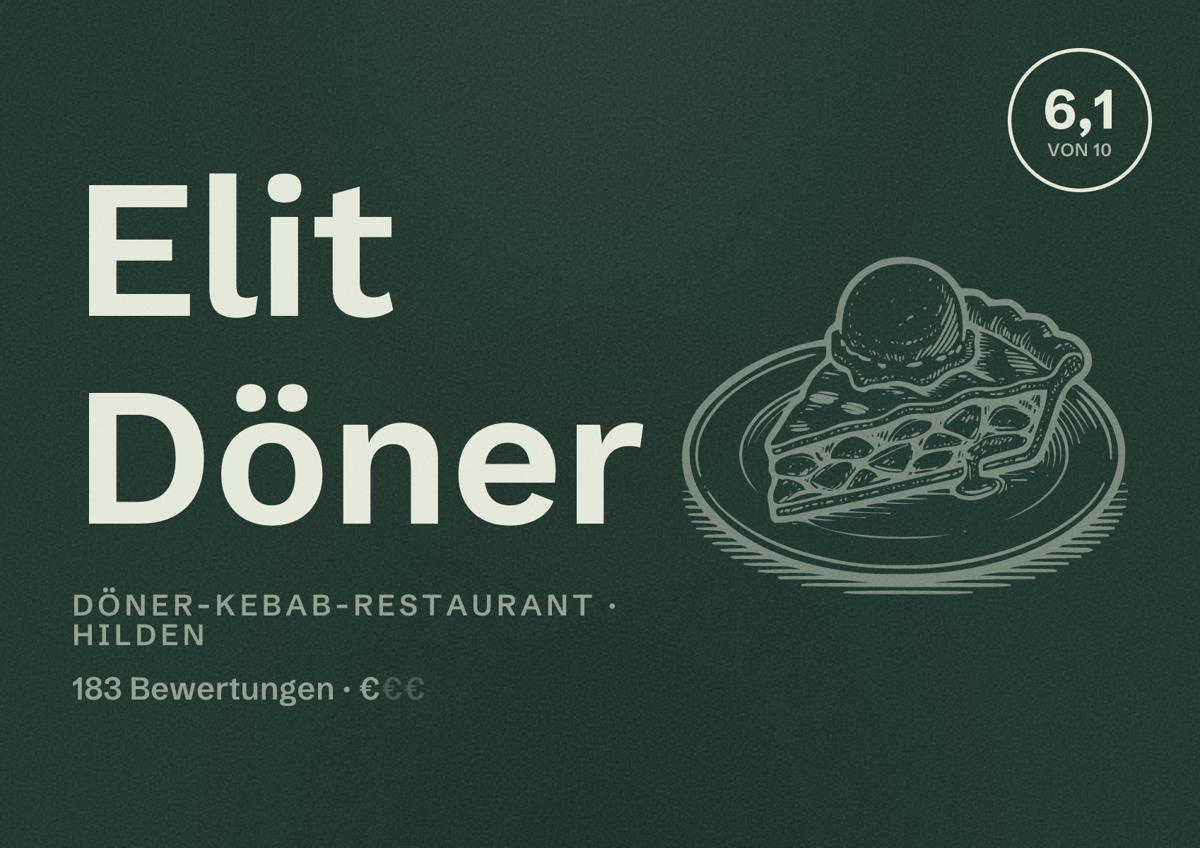 Illustriertes Poster von Elit Döner, Döner-Kebab-Restaurant in Hilden: Bewertung 6,1 von 10 aus 183 Bewertungen, Preisniveau €