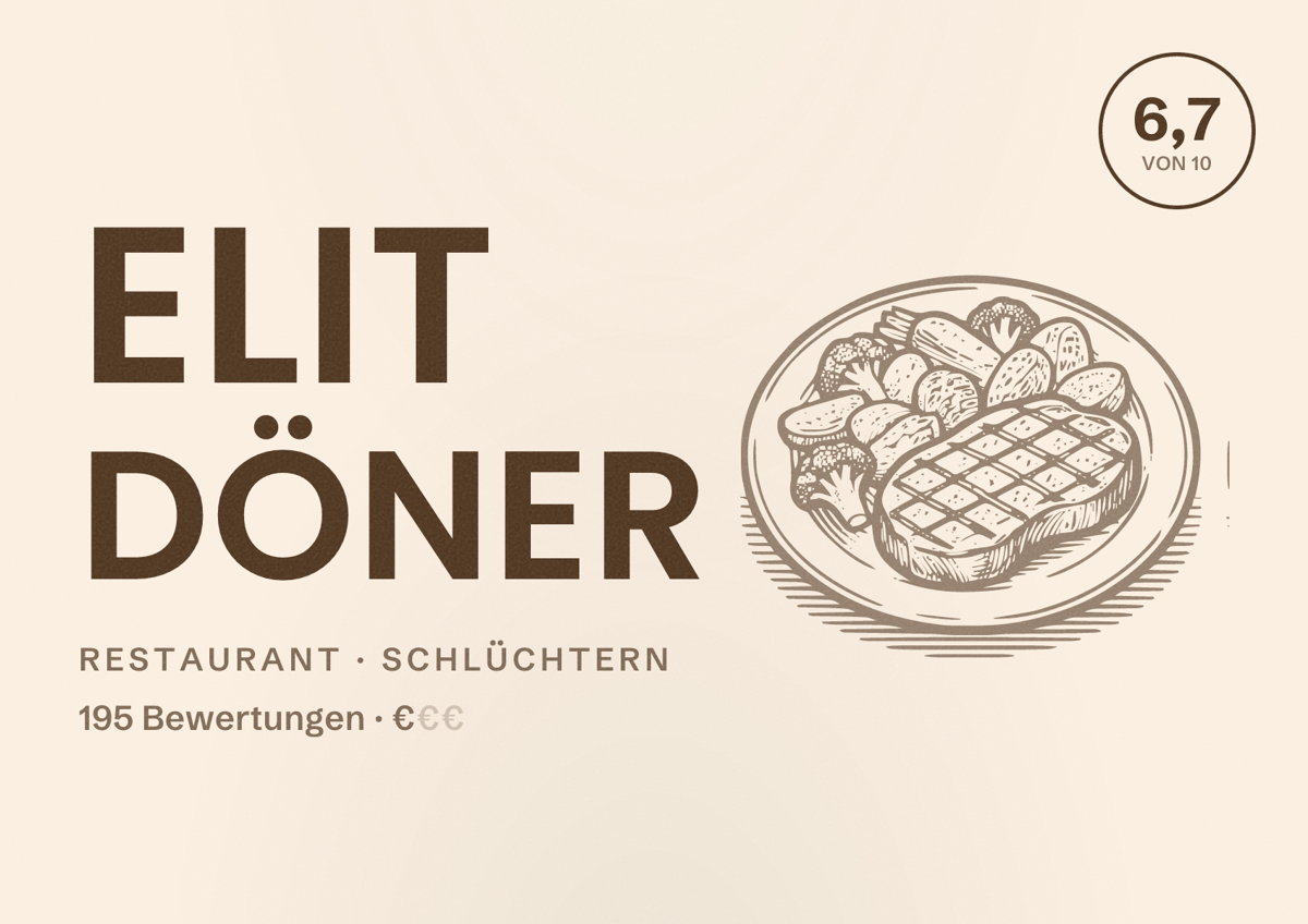 Illustriertes Poster von Elit Döner, Restaurant in Schlüchtern: Bewertung 6,7 von 10 aus 195 Bewertungen, Preisniveau €