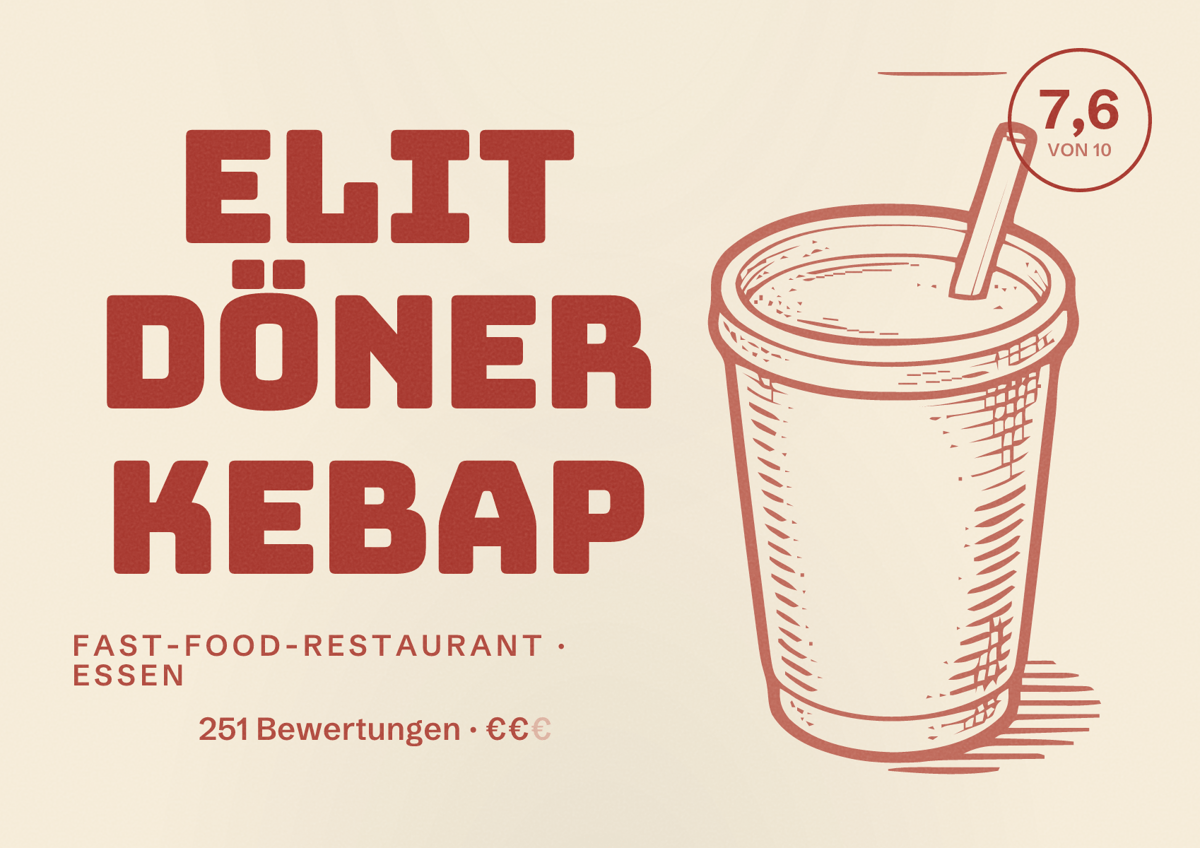 Illustriertes Poster von Elit Döner Kebap, Fast-Food-Restaurant in Essen: Bewertung 7,6 von 10 aus 251 Bewertungen, Preisniveau €€