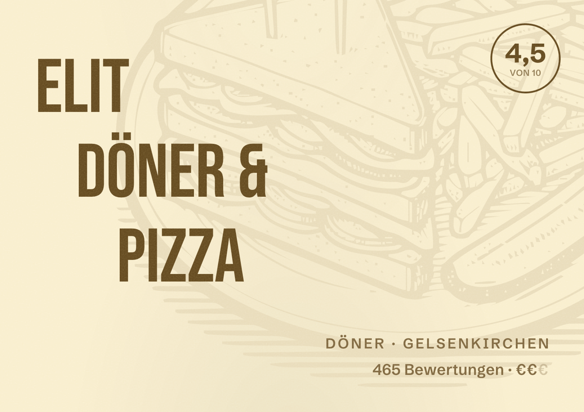 Illustriertes Poster von Elit Döner & Pizza, Döner in Gelsenkirchen: Bewertung 4,5 von 10 aus 465 Bewertungen, Preisniveau €€