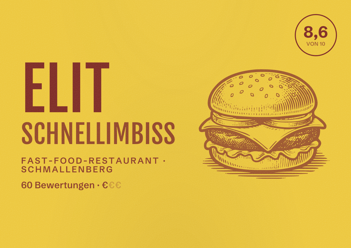 Illustriertes Poster von Elit Schnellimbiss, Fast-Food-Restaurant in Schmallenberg: Bewertung 8,6 von 10 aus 60 Bewertungen, Preisniveau €