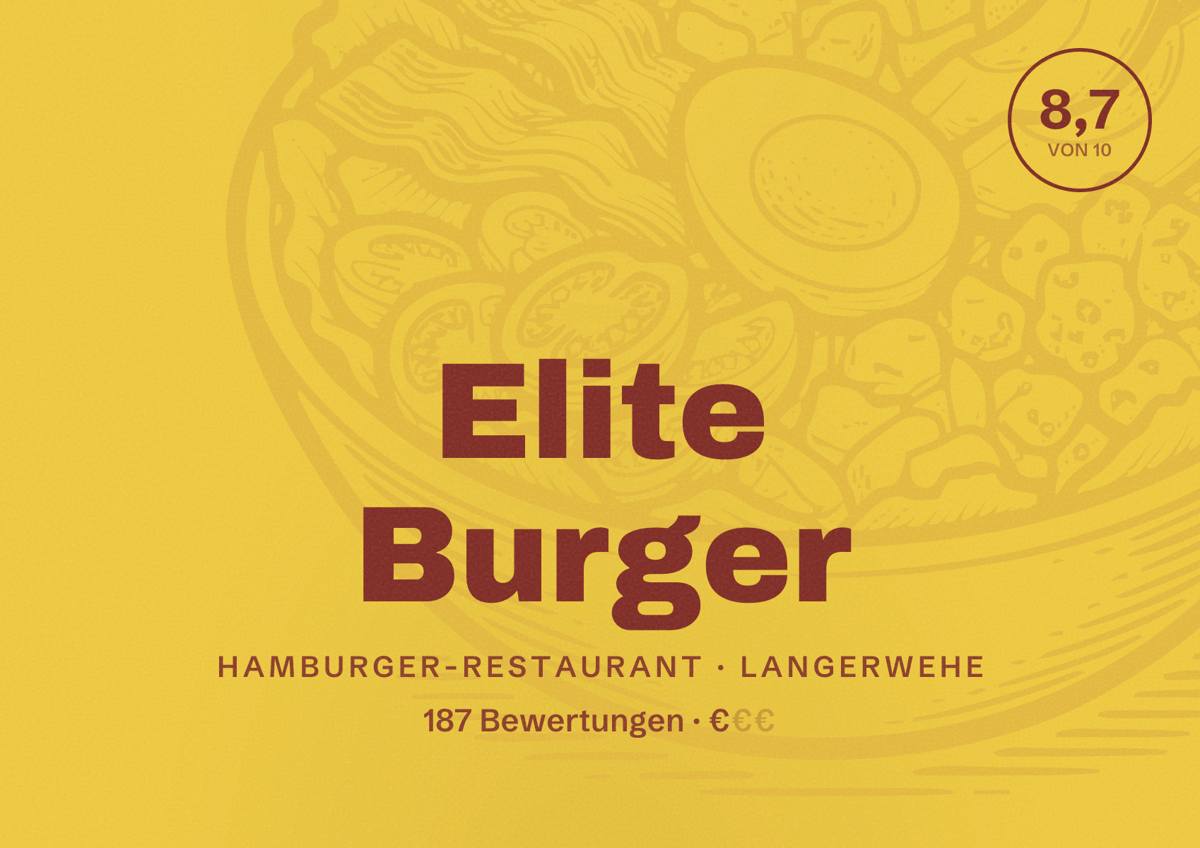 Illustriertes Poster von Elite Burger, Hamburger-Restaurant in Langerwehe: Bewertung 8,7 von 10 aus 187 Bewertungen, Preisniveau €