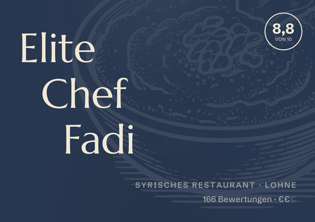 Illustriertes Poster von Elite Chef Fadi, Syrisches Restaurant in Lohne: Bewertung 8,8 von 10 aus 166 Bewertungen, Preisniveau €€