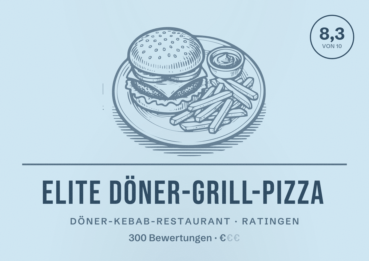 Illustriertes Poster von Elite Döner-Grill-Pizza, Döner-Kebab-Restaurant in Ratingen: Bewertung 8,3 von 10 aus 300 Bewertungen, Preisniveau €