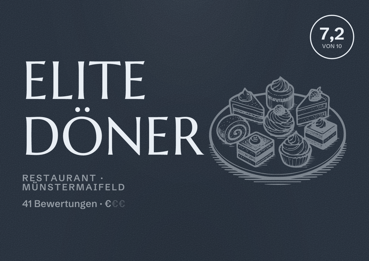 Illustriertes Poster von Elite Döner, Restaurant in Münstermaifeld: Bewertung 7,2 von 10 aus 41 Bewertungen, Preisniveau €
