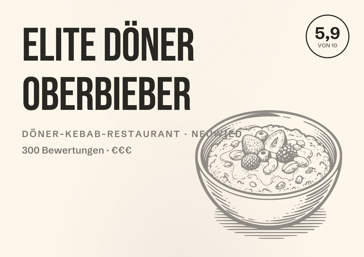 Illustriertes Poster von Elite Döner Oberbieber, Döner-Kebab-Restaurant in Neuwied: Bewertung 5,9 von 10 aus 300 Bewertungen, Preisniveau €€€