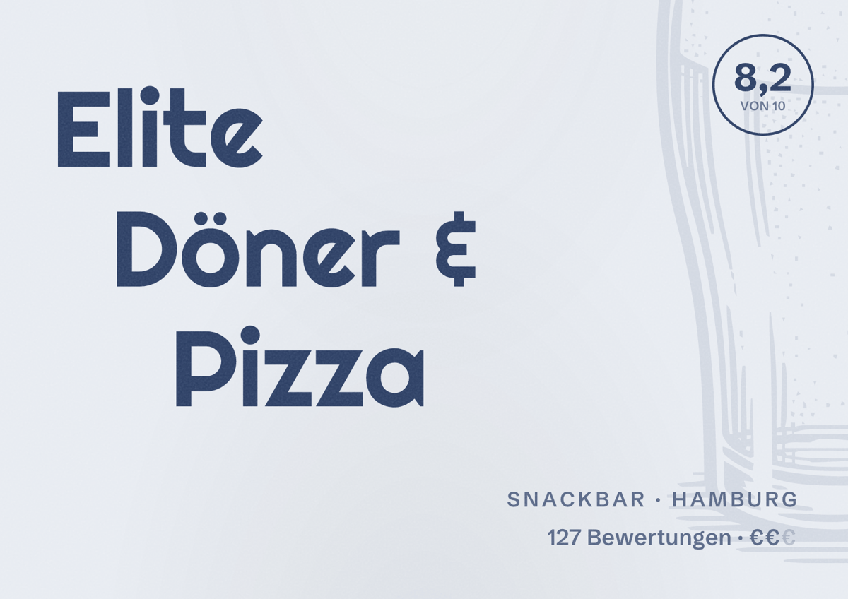 Illustriertes Poster von Elite Döner & Pizza, Snackbar in Hamburg: Bewertung 8,2 von 10 aus 127 Bewertungen, Preisniveau €€