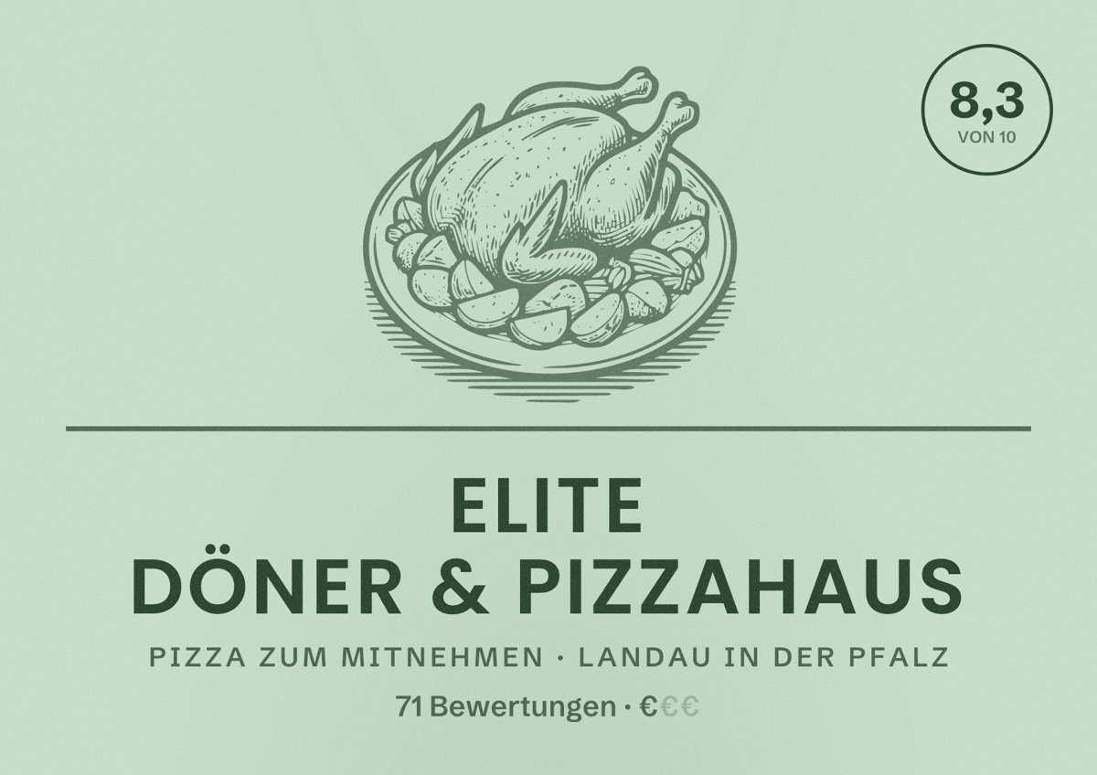 Illustriertes Poster von Elite Döner & Pizzahaus, Pizza zum Mitnehmen in Landau in der Pfalz: Bewertung 8,3 von 10 aus 71 Bewertungen, Preisniveau €