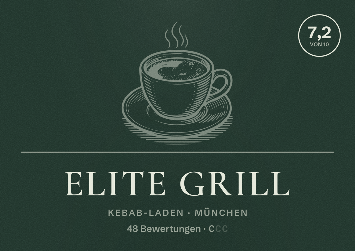 Illustriertes Poster von Elite Grill, Kebab-Laden in München: Bewertung 7,2 von 10 aus 48 Bewertungen, Preisniveau €