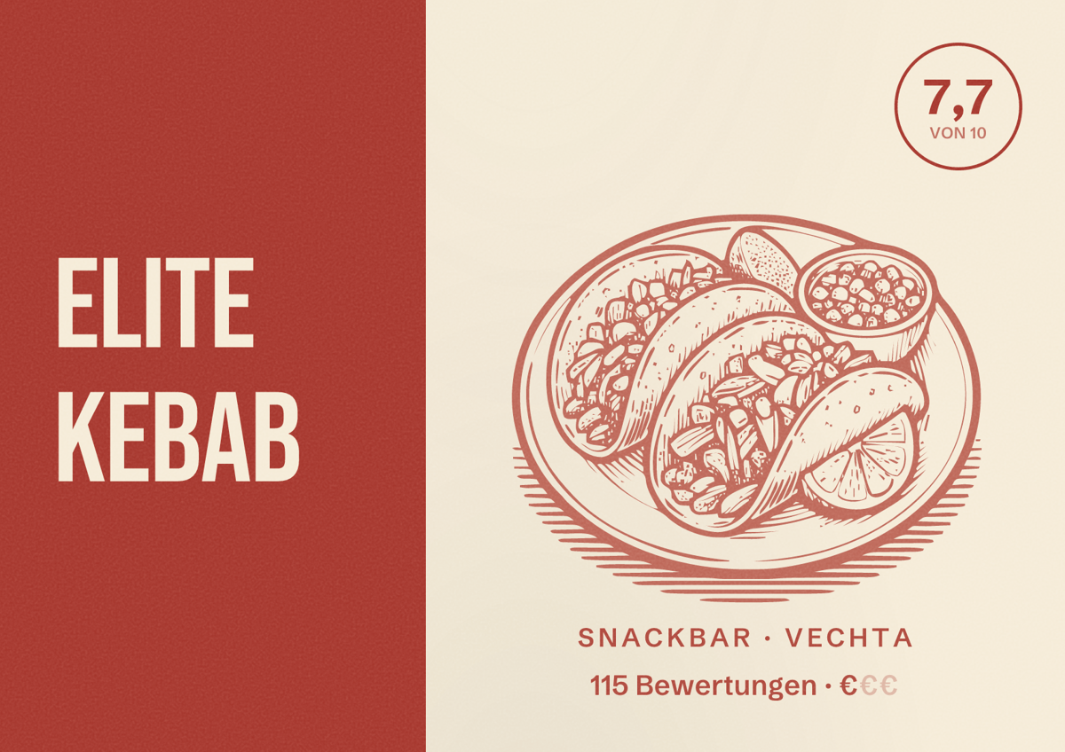 Illustriertes Poster von Elite Kebab, Snackbar in Vechta: Bewertung 7,7 von 10 aus 115 Bewertungen, Preisniveau €