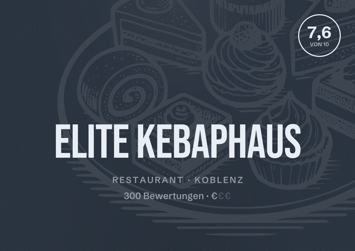 Illustriertes Poster von Elite Kebaphaus, Restaurant in Koblenz: Bewertung 7,6 von 10 aus 300 Bewertungen, Preisniveau €