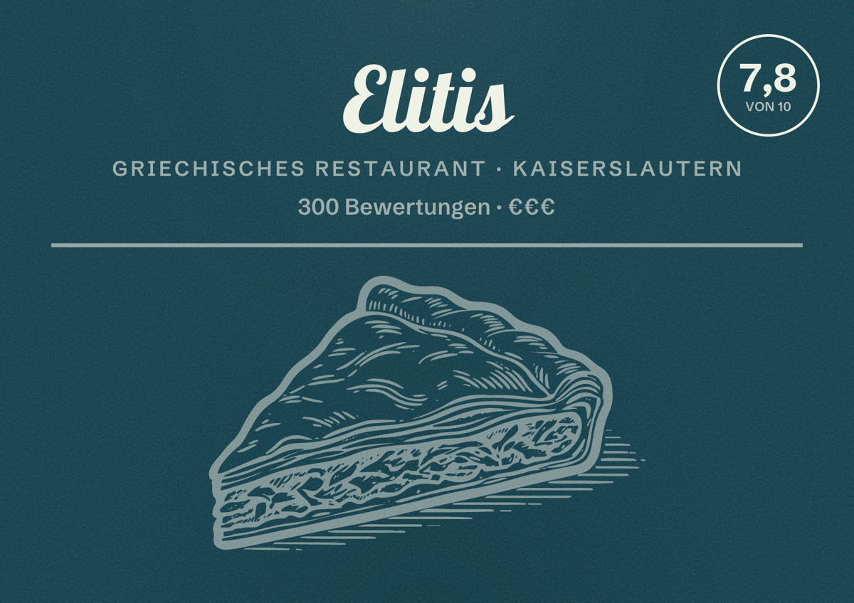 Illustriertes Poster von Elitis, Griechisches Restaurant in Kaiserslautern: Bewertung 7,8 von 10 aus 300 Bewertungen, Preisniveau €€€
