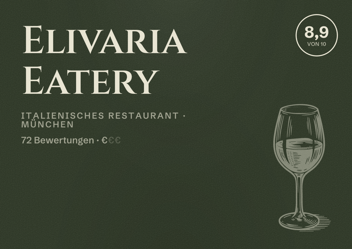 Illustriertes Poster von Elivaria Eatery, Italienisches Restaurant in München: Bewertung 8,9 von 10 aus 72 Bewertungen, Preisniveau €
