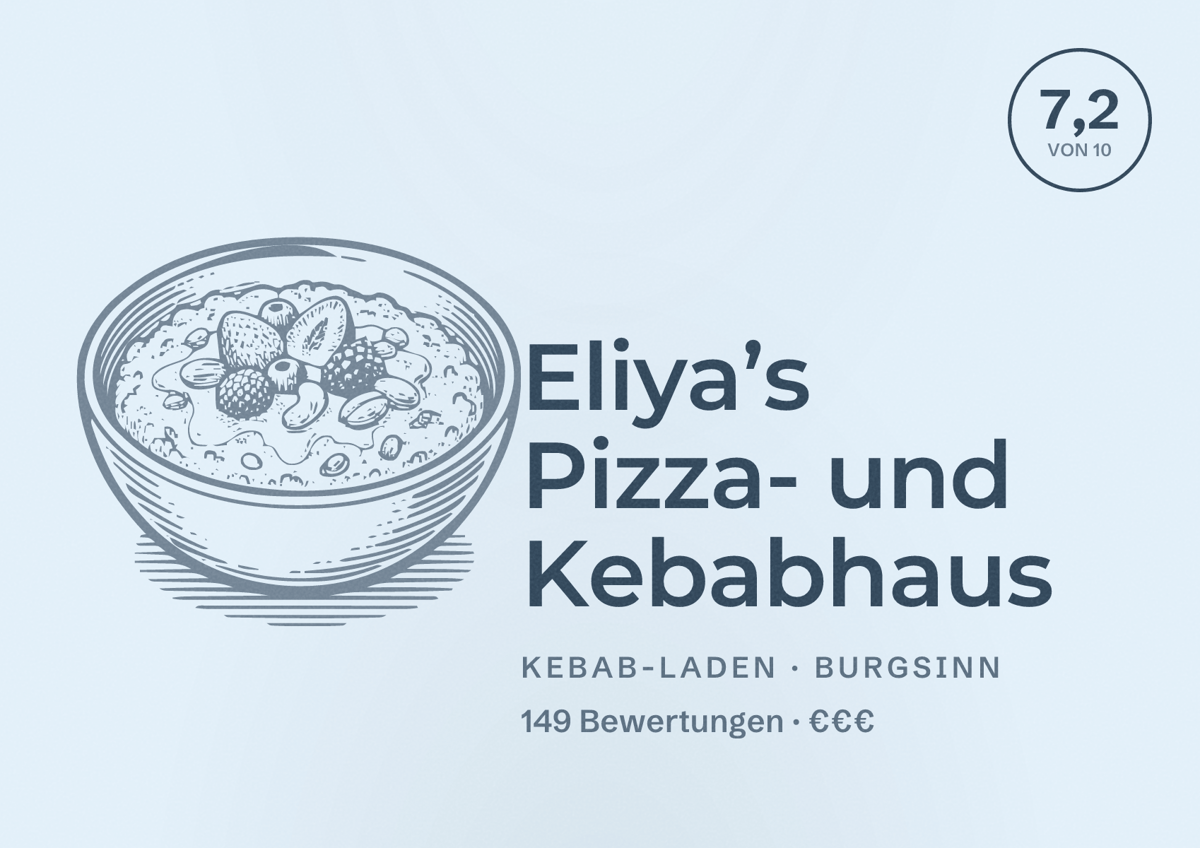 Illustriertes Poster von Eliya’s Pizza- und Kebabhaus, Kebab-Laden in Burgsinn: Bewertung 7,2 von 10 aus 149 Bewertungen, Preisniveau €€€