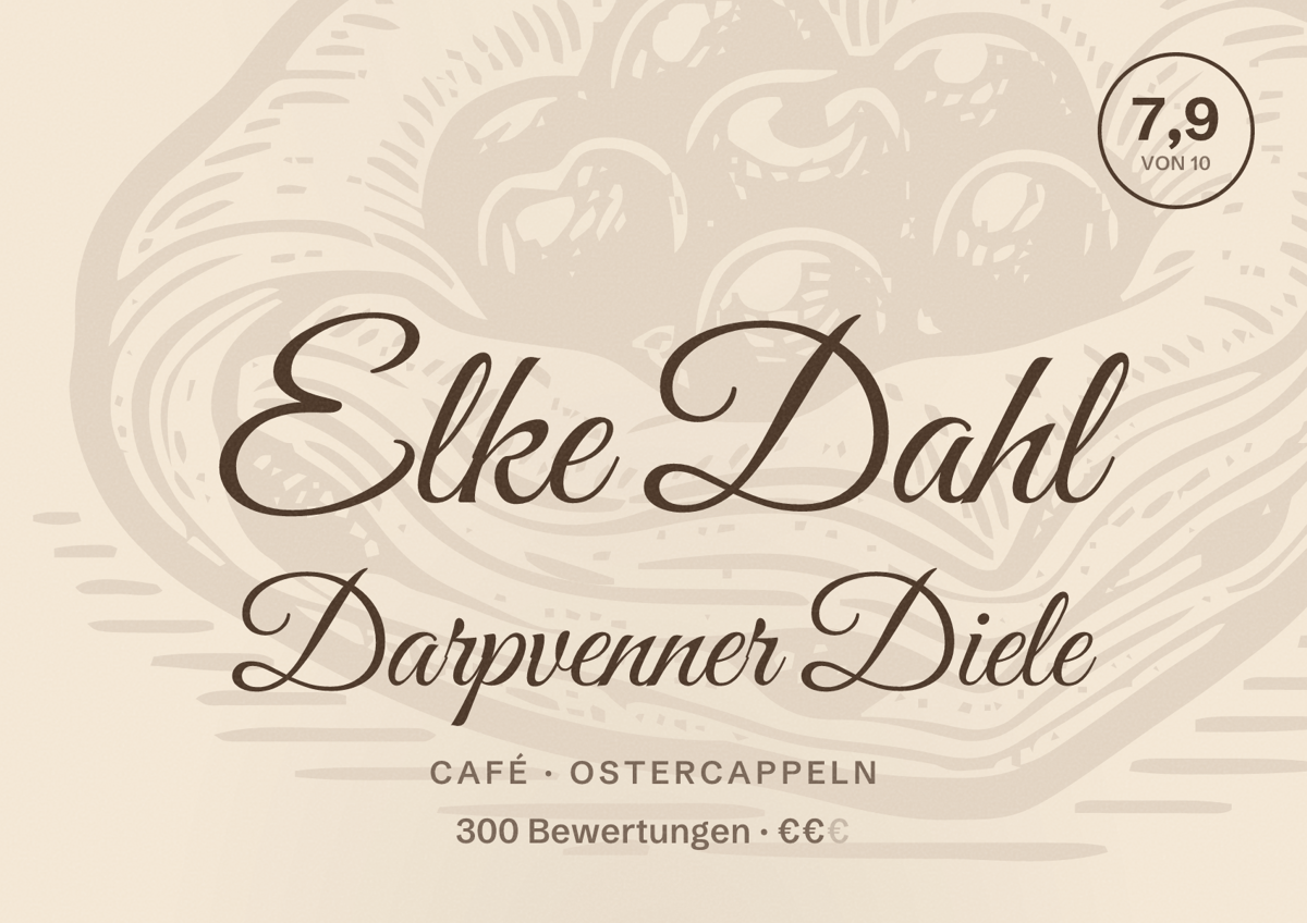Illustriertes Poster von Elke Dahl Darpvenner Diele, Café in Ostercappeln: Bewertung 7,9 von 10 aus 300 Bewertungen, Preisniveau €€