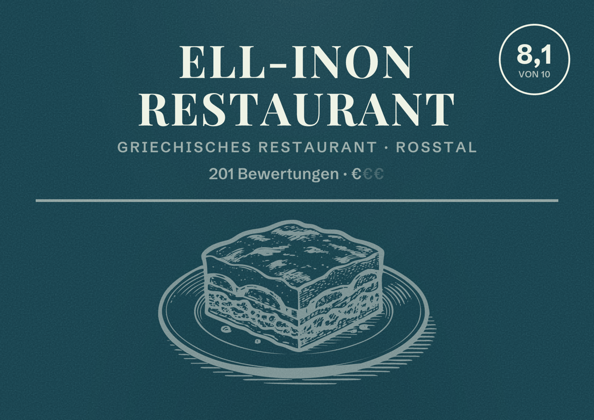 Illustriertes Poster von ELL-INON Restaurant, Griechisches Restaurant in Roßtal: Bewertung 8,1 von 10 aus 201 Bewertungen, Preisniveau €