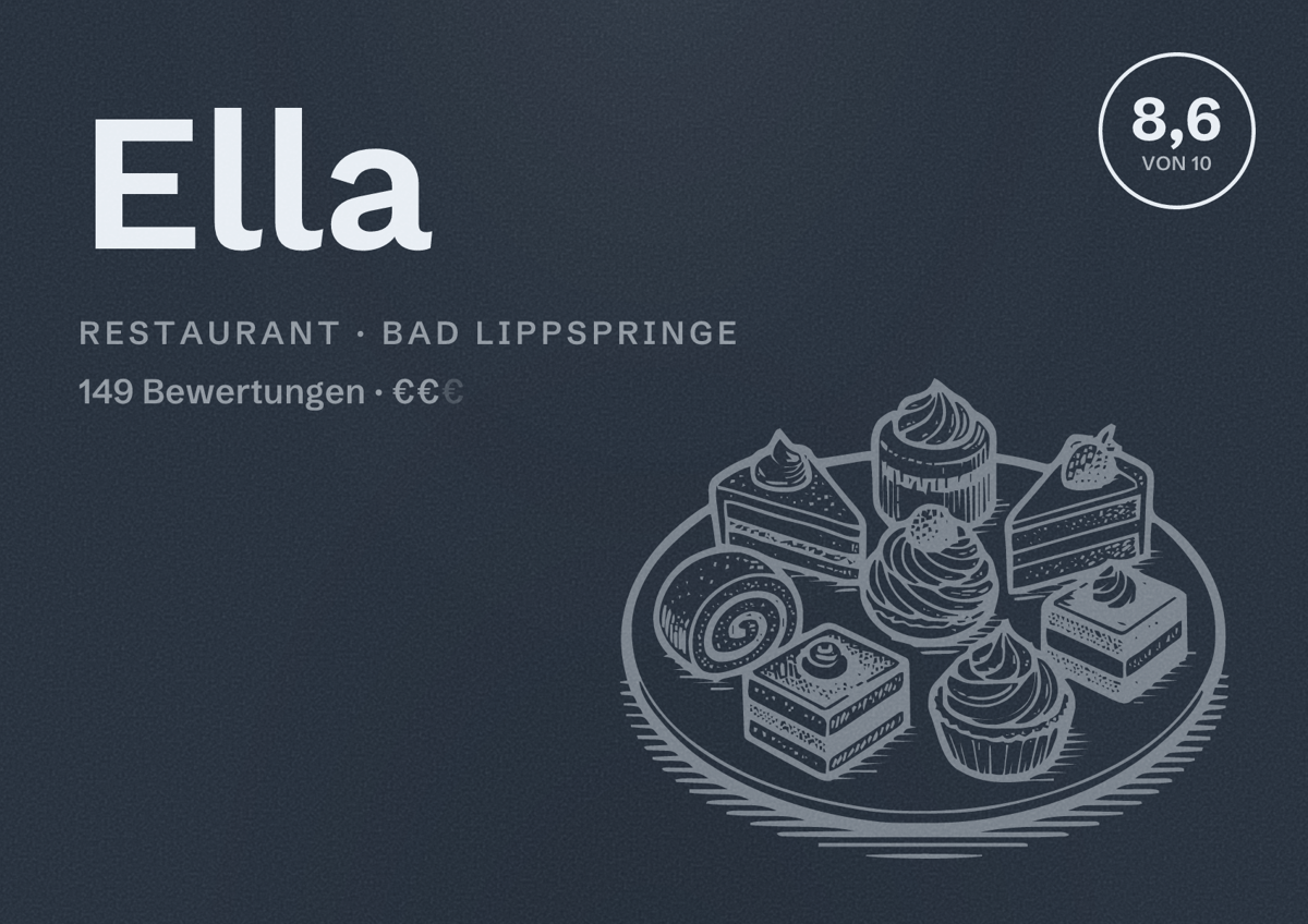 Illustriertes Poster von Ella, Restaurant in Bad Lippspringe: Bewertung 8,6 von 10 aus 149 Bewertungen, Preisniveau €€