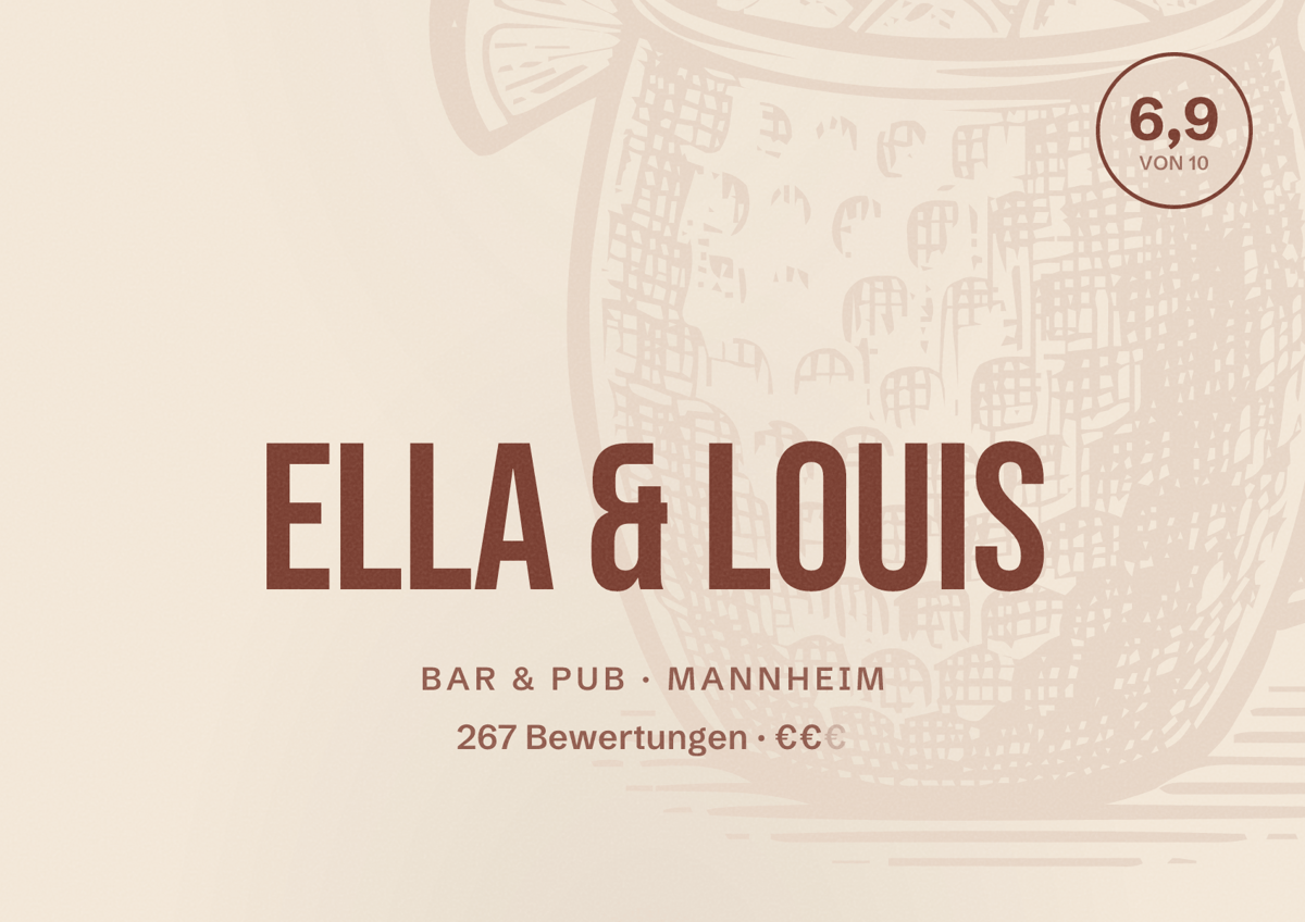 Illustriertes Poster von Ella & Louis, Bar & Pub in Mannheim: Bewertung 6,9 von 10 aus 267 Bewertungen, Preisniveau €€