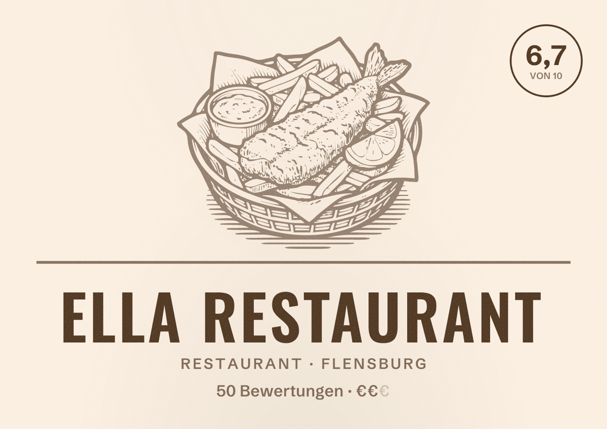 Illustriertes Poster von Ella Restaurant, Restaurant in Flensburg: Bewertung 6,7 von 10 aus 50 Bewertungen, Preisniveau €€