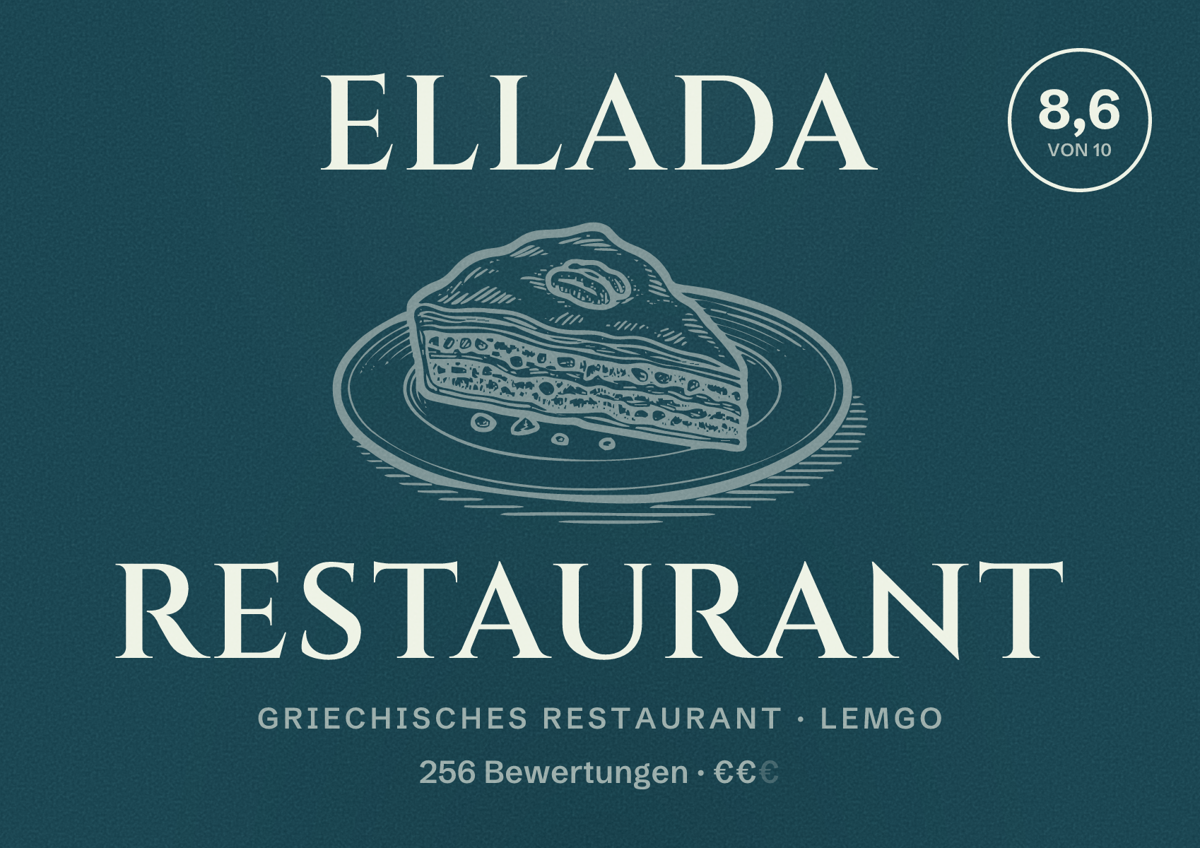 Illustriertes Poster von Ellada Restaurant, Griechisches Restaurant in Lemgo: Bewertung 8,6 von 10 aus 256 Bewertungen, Preisniveau €€