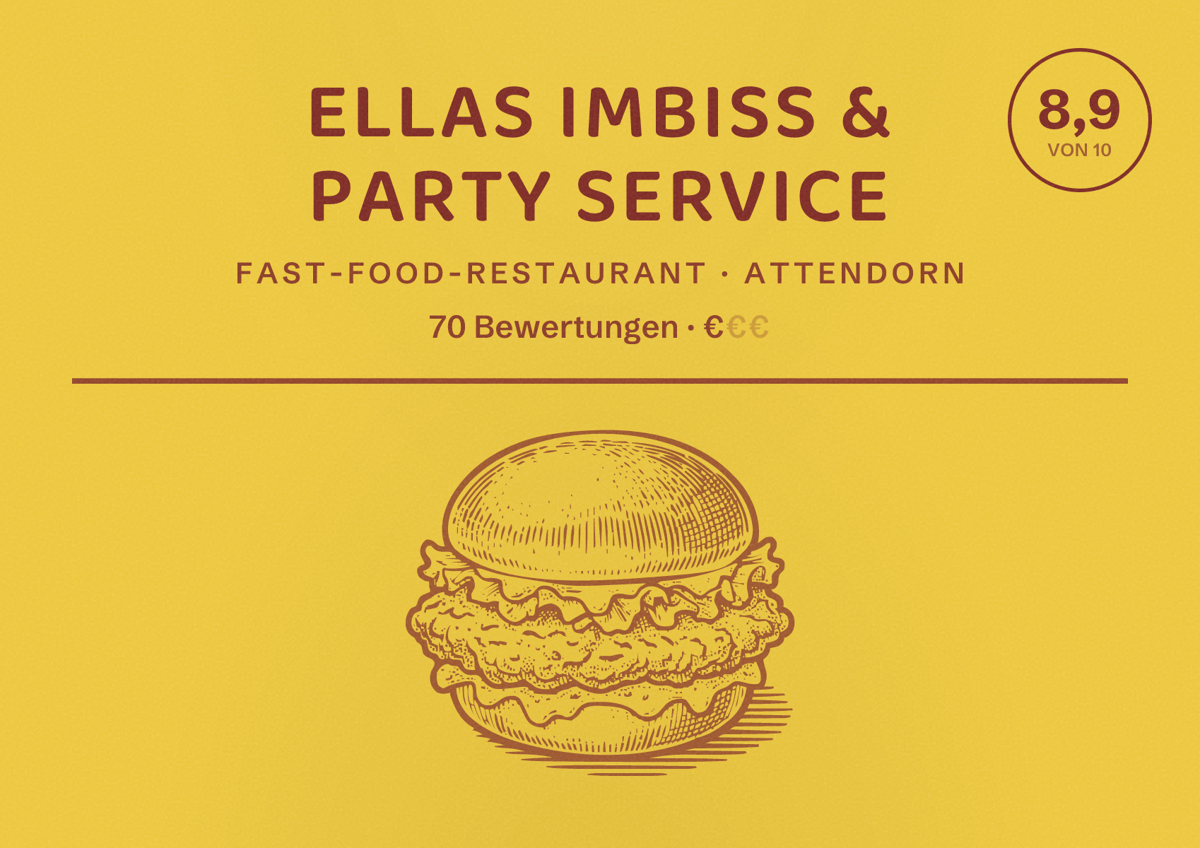 Illustriertes Poster von Ellas Imbiss & Party Service, Fast-Food-Restaurant in Attendorn: Bewertung 8,9 von 10 aus 70 Bewertungen, Preisniveau €