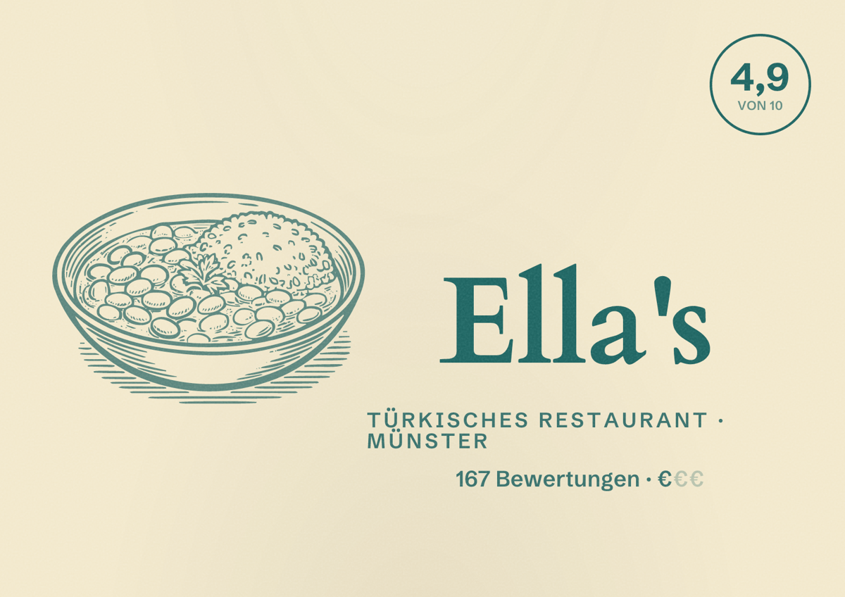 Illustriertes Poster von Ella's, Türkisches Restaurant in Münster: Bewertung 4,9 von 10 aus 167 Bewertungen, Preisniveau €