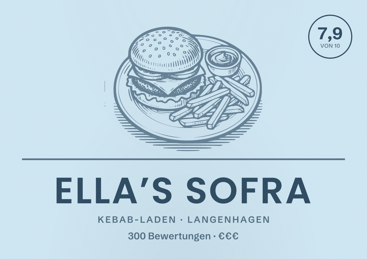Illustriertes Poster von Ella’s Sofra, Kebab-Laden in Langenhagen: Bewertung 7,9 von 10 aus 300 Bewertungen, Preisniveau €€€