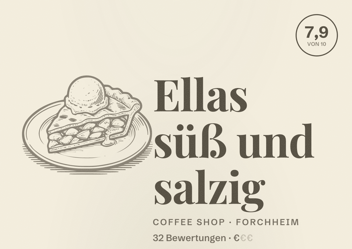 Illustriertes Poster von Ellas süß und salzig, Coffee Shop in Forchheim: Bewertung 7,9 von 10 aus 32 Bewertungen, Preisniveau €