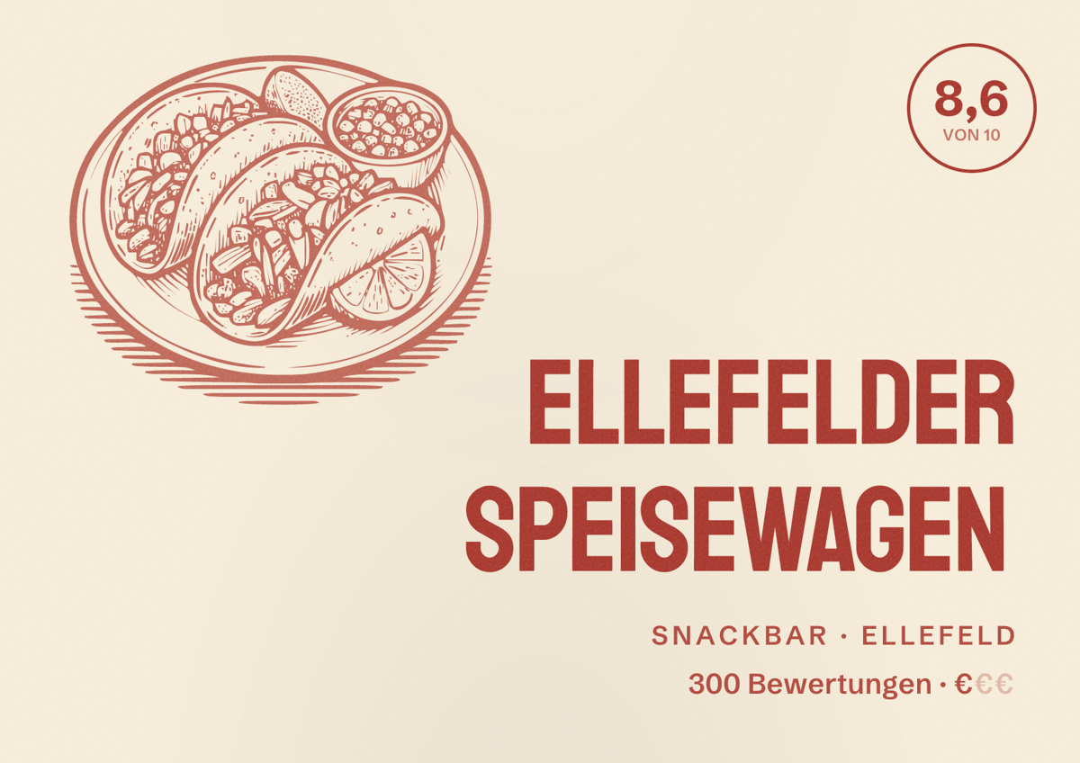 Illustriertes Poster von Ellefelder Speisewagen, Snackbar in Ellefeld: Bewertung 8,6 von 10 aus 300 Bewertungen, Preisniveau €