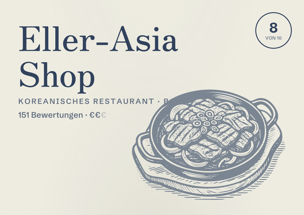 Illustriertes Poster von Eller-Asia Shop, Koreanisches Restaurant in Bonn: Gästebewertung 8 von 10 aus 151 Bewertungen