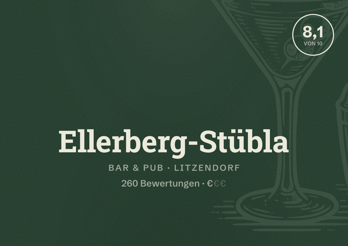 Illustriertes Poster von Ellerberg-Stübla, Bar & Pub in Litzendorf: Bewertung 8,1 von 10 aus 260 Bewertungen, Preisniveau €