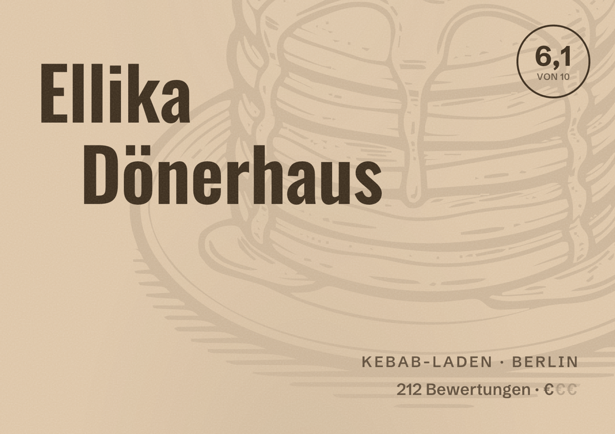 Illustriertes Poster von Ellika Dönerhaus, Kebab-Laden in Berlin: Bewertung 6,1 von 10 aus 212 Bewertungen, Preisniveau €