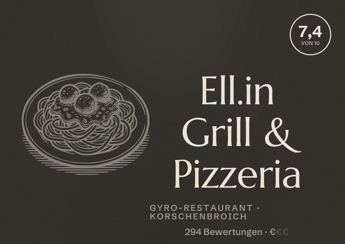 Illustriertes Poster von Ell.in Grill & Pizzeria, Gyro-Restaurant in Korschenbroich: Bewertung 7,4 von 10 aus 294 Bewertungen, Preisniveau €