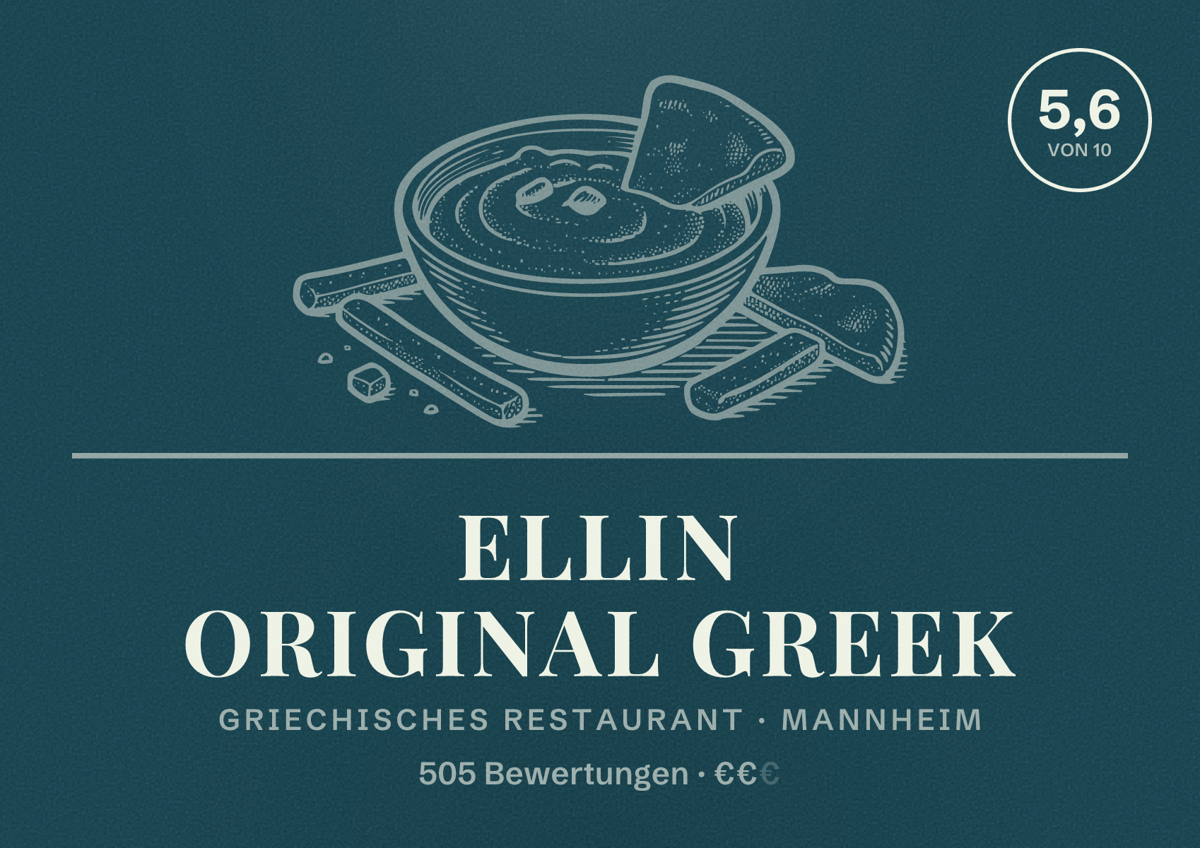 Illustriertes Poster von Ellin Original Greek, Griechisches Restaurant in Mannheim: Bewertung 5,6 von 10 aus 505 Bewertungen, Preisniveau €€