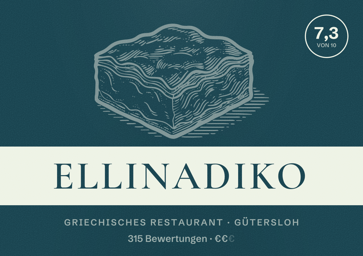 Illustriertes Poster von Ellinadiko, Griechisches Restaurant in Gütersloh: Bewertung 7,3 von 10 aus 315 Bewertungen, Preisniveau €€