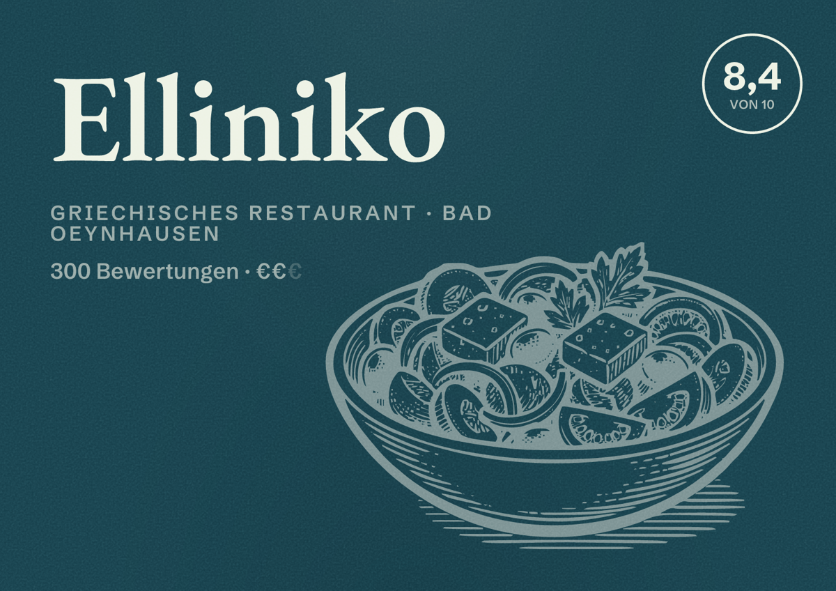 Illustriertes Poster von Elliniko, Griechisches Restaurant in Bad Oeynhausen: Bewertung 8,4 von 10 aus 300 Bewertungen, Preisniveau €€