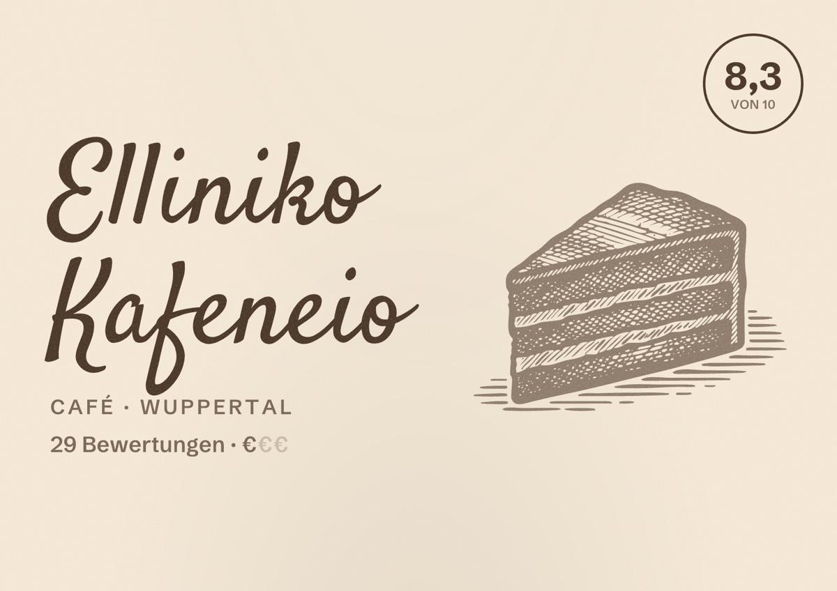Illustriertes Poster von Elliniko Kafeneio, Café in Wuppertal: Bewertung 8,3 von 10 aus 29 Bewertungen, Preisniveau €