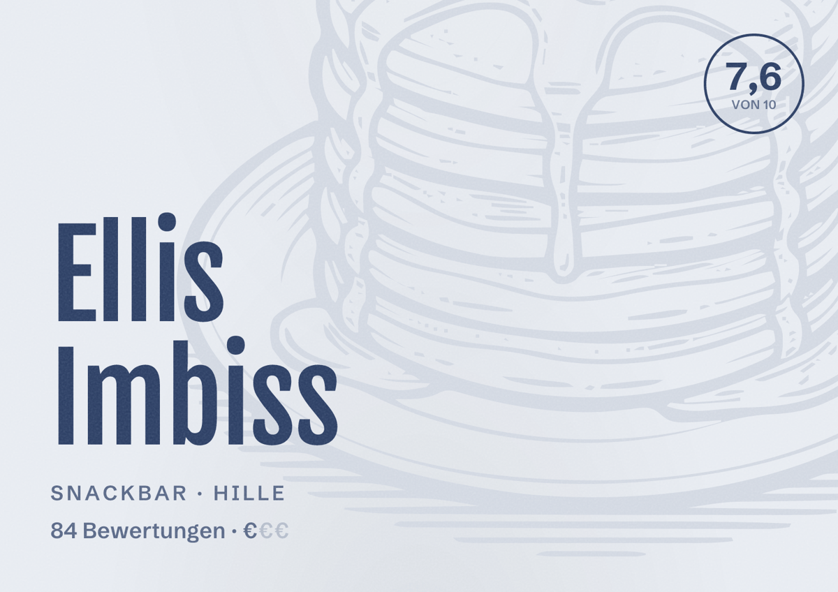 Illustriertes Poster von Ellis Imbiss, Snackbar in Hille: Bewertung 7,6 von 10 aus 84 Bewertungen, Preisniveau €