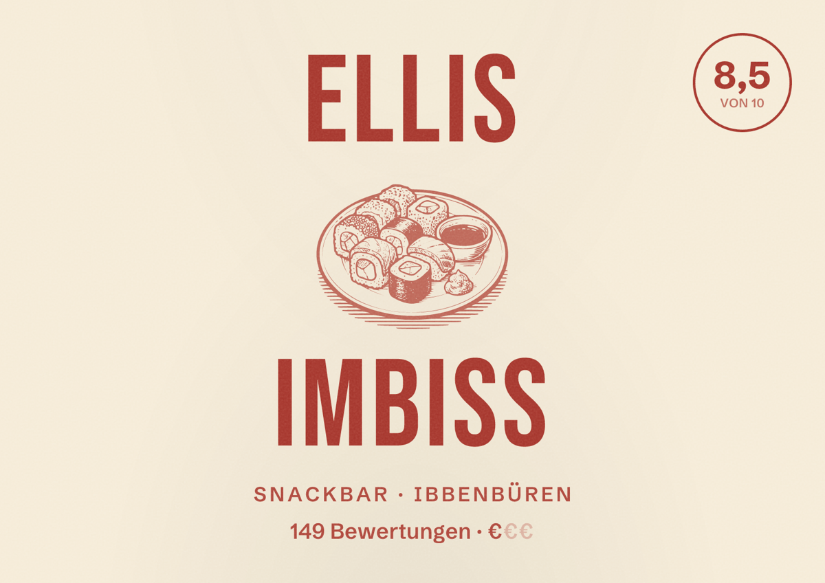 Illustriertes Poster von Ellis Imbiss, Snackbar in Ibbenbüren: Bewertung 8,5 von 10 aus 149 Bewertungen, Preisniveau €