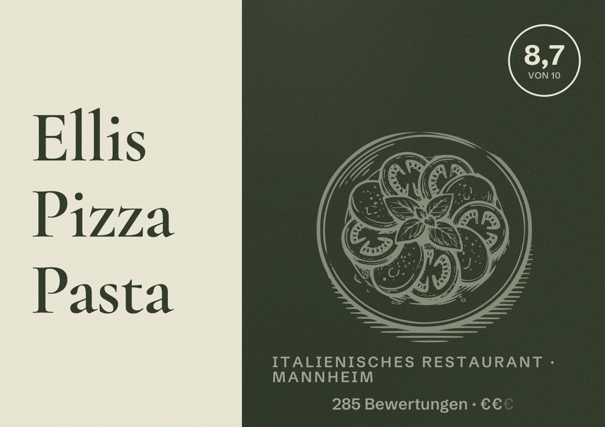Illustriertes Poster von Ellis Pizza Pasta, Italienisches Restaurant in Mannheim: Bewertung 8,7 von 10 aus 285 Bewertungen, Preisniveau €€