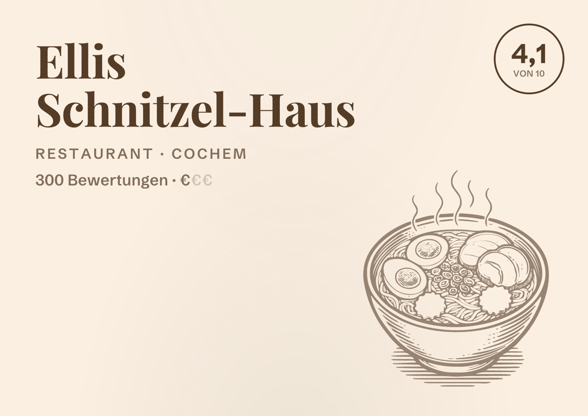 Illustriertes Poster von Ellis Schnitzel-Haus, Restaurant in Cochem: Bewertung 4,1 von 10 aus 300 Bewertungen, Preisniveau €